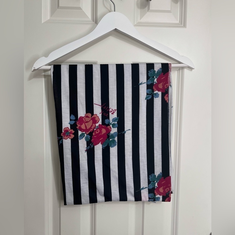 Betsey Johnson Striped Scarf with Red Floral Accents